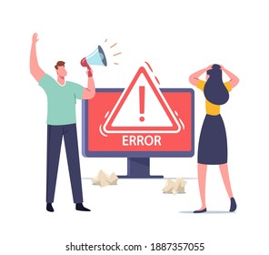 System Work Error, 404 Maintenance Page Not Found, Site Under Construction Concept with Tiny Characters at Huge Computer Monitor with Internet Problem Warning. Cartoon People Vector Illustration