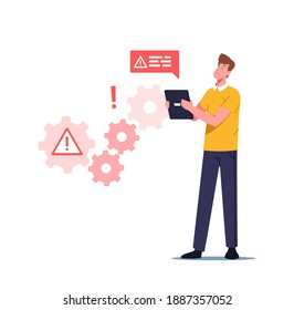 System Work Error, Website Under Construction, 404 Page Maintenance Concept. Male Worker Character Face Network Problem Web Page Not Found Working Technical Mistake. Cartoon People Vector Illustration