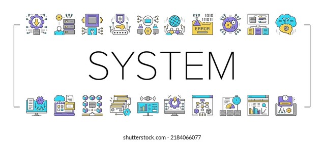 Iconos de colección de procesos de trabajo del sistema Set Vector. Integración Y Administrador, Ingeniería Y Seguridad, Concepto De Sistema De Red Y Tecnología Pictogramas Lineales. Ilustraciones de color de contorno