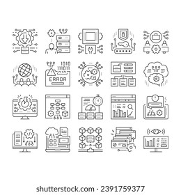 System Work Process Collection Icons Set Vector. Integration And Administrator, Engineering And Security, Network And Technology System Black Contour Illustrations