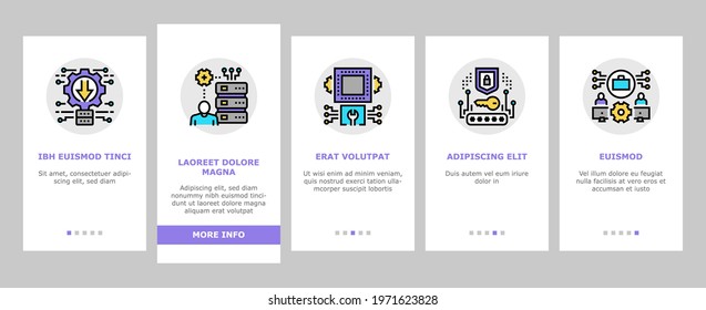 System Work Process Onboarding Mobile App Page Screen Vector. Integration And Administrator, Engineering And Security, Network And Technology System Illustrations