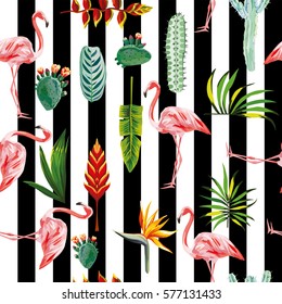 systematic ordered tropical green leaves, flowers, cactus and pink flamingo on black white striped background. Seamless vector wallpaper pattern