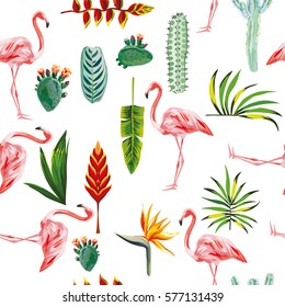 systematic ordered tropical green leaves, flowers, cactus and pink flamingo on white background. Seamless vector wallpaper pattern