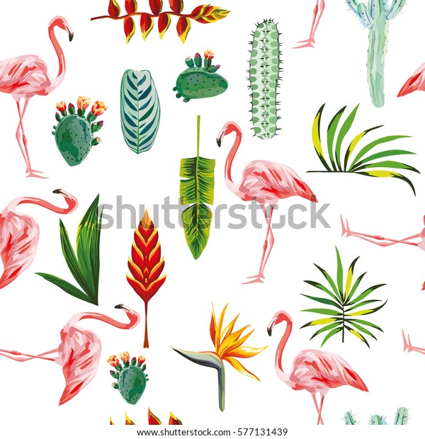 系统有序的热带绿叶 花卉 仙人掌和粉红色的火烈鸟在白色背景 无缝矢量壁纸图案库存矢量图 免版税