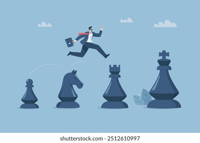 A systematic step by step movement, Strategic confidence in a business challenge, Businessman leaping over chess pieces one step at a time to grow or succeed in his business. Vector illustration.