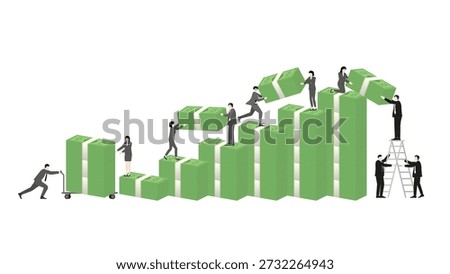 Systemic corruption and corporate financial fraud with business team stacking money bundles.