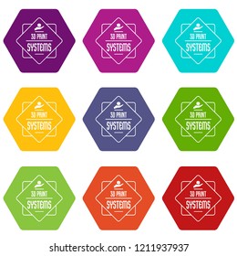 Systems 3d printing icons 9 set coloful isolated on white for web