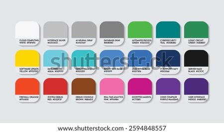 Systems Analyst Color Guide Palette with Color Names. Catalog Sample Systems Analysts with RGB HEX codes and Names. Systems Analyst Color Palette, fashion trand metal base multicolor Color Palette.