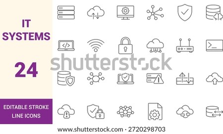 IT systems line icons set with editable stroke, clean outline symbols for servers, cloud computing, network security, data management, UI UX, dashboards and web applications.