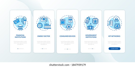 Systems at risk onboarding mobile app page screen with concepts. Financial institutions, energy sector walkthrough 5 steps graphic instructions. UI vector template with RGB color illustrations