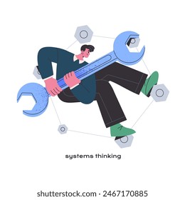 Systems thinking concept. Analytical mindset, critical thoughts, MBTI type. Person with rational mental process fixes, setting gear with wrench. Flat isolated vector illustration on white background