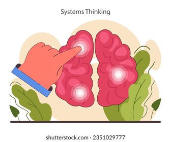 Systems thinking. Critical thinking skill. Strategic decision-making, analysis that focuses on the system's constituent parts interaction. Flat vector illustration