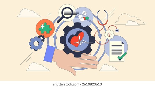 Systems thinking in healthcare is visualized with gears, a heart, and a stethoscope, symbolizing interconnected care processes. Neubrutalism style.