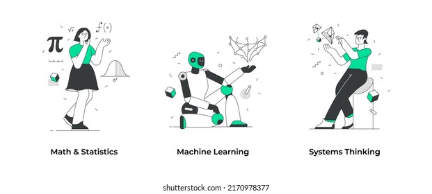 Systems thinking. People use math and statistics for machine learning and decision making. Set of data science concepts. Concept scenes for visual storytelling