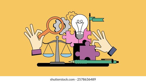 Systems thinking visual with hands, scales, and light bulb symbolizing balance and innovation. Neubrutalism hands concept