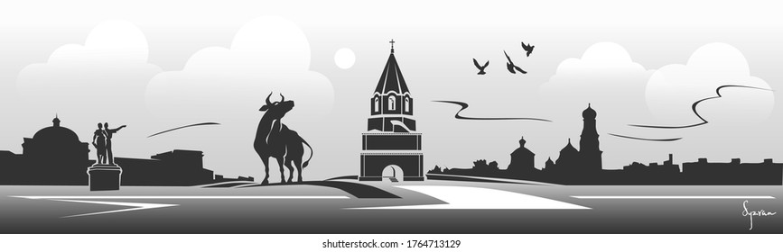 Syzran Russian city black and white horizontal banner. Silhouettes of the railway station, bill - the symbol of the city and Syzran Kremlin.