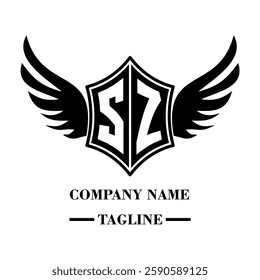SZ bold shield logo with wings, customizable with letters A to Z. Perfect for brands seeking a powerful symbol of strength, freedom, and ambition