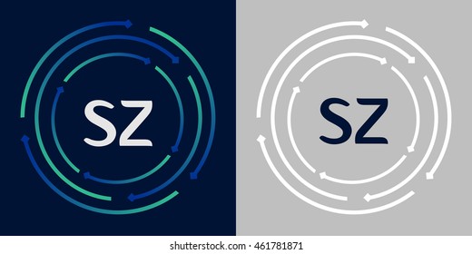 SZ design template elements in abstract background logo, design identity in circle, letters business logo icon, blue/green alphabet letters, simplicity graphics