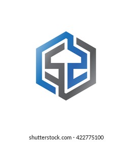SZ initial letters looping linked hexagon logo black gray blue