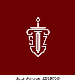 SZ initial logo monogram design for legal lawyer vector image with sword and shield