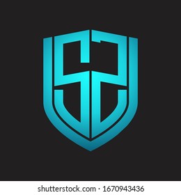 Monograma del logotipo de SZ con diseño de escudo de emblemas aislado con colores azules sobre fondo negro