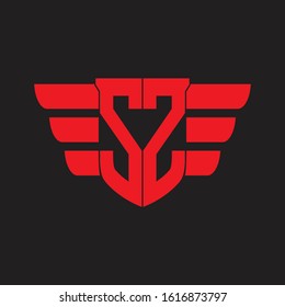 SZ Logo monogram with emblem and wings element design template on red colors