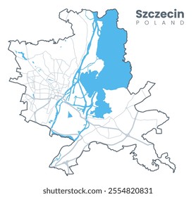 Szczecin - the capital and largest city of the West Pomeranian Voivodeship in northwestern Poland. Vector poster city map with streets and Oder River. Light stroke version.