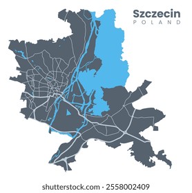 Szczecin - the capital and largest city of the West Pomeranian Voivodeship in northwestern Poland. Vector poster city map with streets and Oder River.