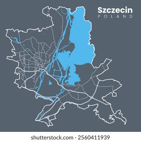 Szczecin - the capital and largest city of the West Pomeranian Voivodeship in northwestern Poland. Vector poster city map with streets and Oder River. Light stroke version on dark background.