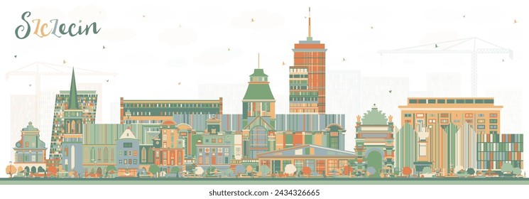 Szczecin Poland city skyline with color buildings. Vector illustration. Szczecin cityscape with landmarks. Business travel and tourism concept with modern and historic architecture.