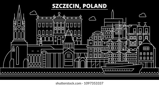 Szczecin silhouette skyline. Poland - Szczecin vector city, polish linear architecture, buildings. Szczecin travel illustration, outline landmarks. Poland flat icon, polish line banner