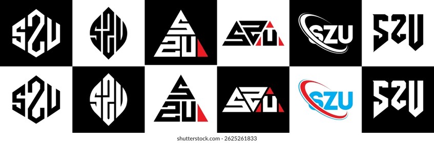 SZU letter logo design in six style. SZU polygon, circle, triangle, hexagon, flat and simple style with black and white color variation letter logo set in one artboard. SZU minimalist and classic logo