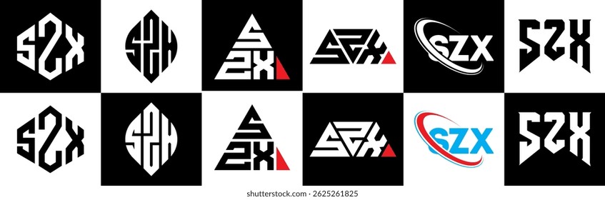 SZX letter logo design in six style. SZX polygon, circle, triangle, hexagon, flat and simple style with black and white color variation letter logo set in one artboard. SZX minimalist and classic logo
