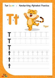 T 1st Class Education Handwriting Practice Template Elementary Worksheet Kids Writing Guide Alphabet Letter Tracing T Cute Tiger Sketch