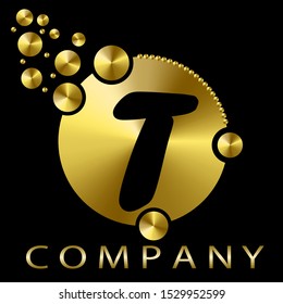 T Abstract Black Letter on metallic golden background. Design illustration vector template. Suitable for Creative Industry, Multimedia, entertainment, Educations, Shop, logo, label and any business