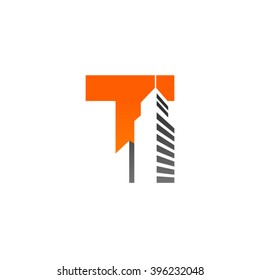 T alphabet building negative space letter logo orange