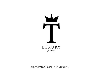 T alphabet letter logo icon in black and white color. Creative design with king crown for luxury or fashion company and business 