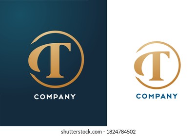 T alphabet letter logo icon in gold and blue color. Simple and creative golden circle design for business and company