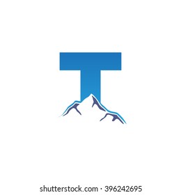 T alphabet mountain negative space letter logo blue