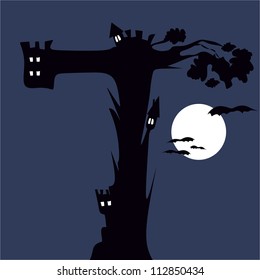 T, in the alphabet set. Halloween full moon night background with haunted house and dead trees.