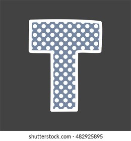 T alphabet vector letter with white and pastel blue polka dots on black background