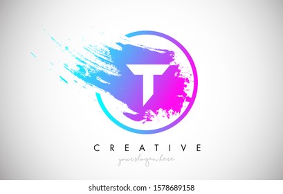 T Artistic Brush Letter Logo Design in Purple Blue Colors Vector Illustration.