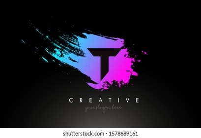 T Artistic Brush Letter Logo Design in Purple Blue Colors Vector Illustration.