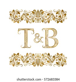 T and B vintage initials logo symbol. The letters are surrounded by ornamental elements. Wedding or business partners monogram in royal style.