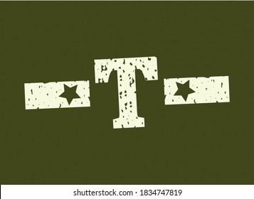 T badge letter Military, Army design with star on camouflage background. Grungy font vector illustration