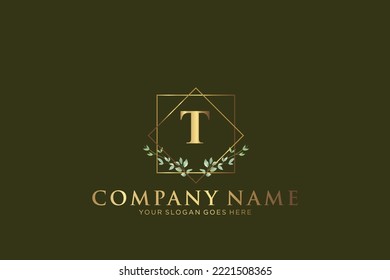 T Beauty vector initial logo, Golden floral letters with flowers leaves and gold splatters isolated on white background. Vector illustration for wedding, greeting cards, invitations template design
