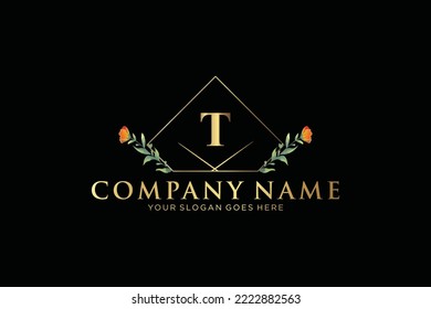 T Beauty vector initial logo, Golden floral letters with flowers leaves and gold splatters isolated on white background. Vector illustration for wedding, greeting cards, invitations template design