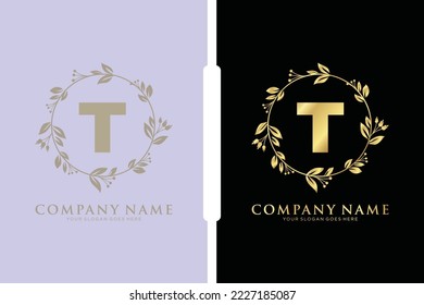 T Beauty vector initial logo, Golden floral letters with flowers leaves and gold splatters isolated on white background. Vector illustration for wedding, greeting cards, invitations template design
