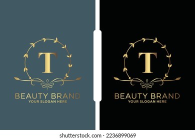 T Beauty vector initial logo, Golden floral letters with flowers leaves and gold splatters isolated on white background. Vector illustration for wedding, greeting cards, invitations template design
