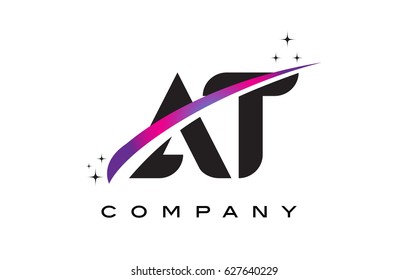 AT A T Black Letter Logo Design with Purple Magenta Swoosh and Stars.